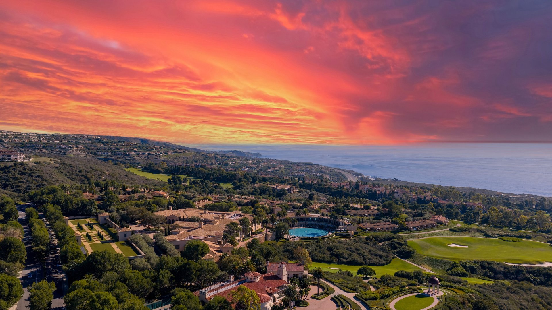 Aerial shot along the coastline at the Pelican Hill Resort in Newport Beach California USA