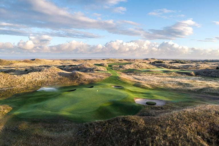 Aerial view of a golf hole with green fairway surrounded by rocky desert landscape and patches of water