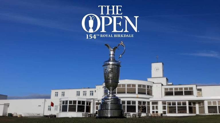 The Open Championship trophy displayed in front of Royal Birkdale clubhouse with 154th event signage