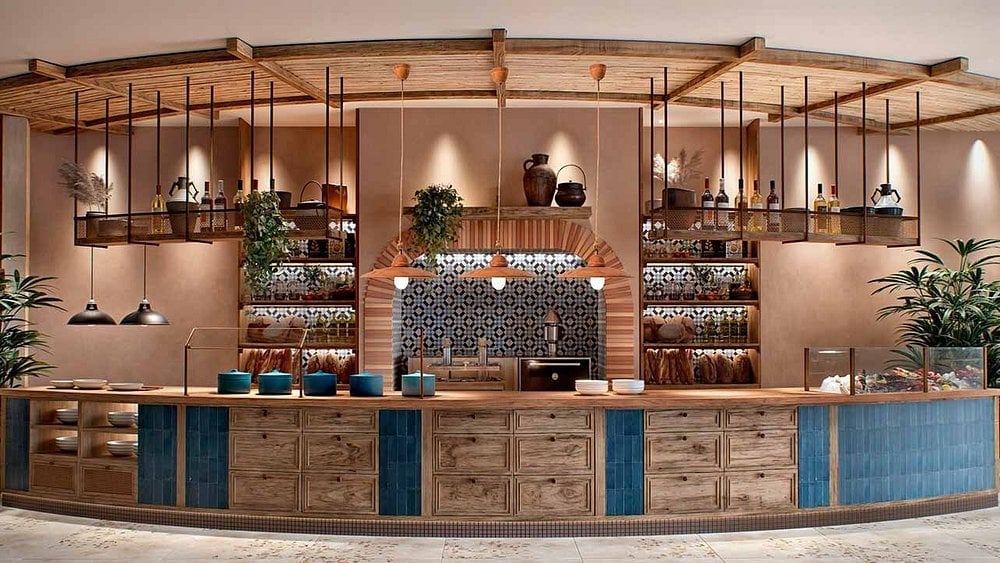 Modern retail coffee bar with wooden cabinetry, blue accents, hanging pendant lights, shelving displays, and potted plants