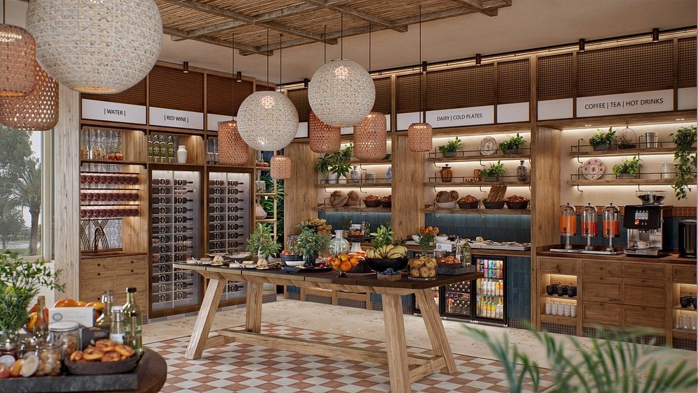 Modern cafe interior with wooden furniture, shelving, pendant lights, and decorative plants throughout the space