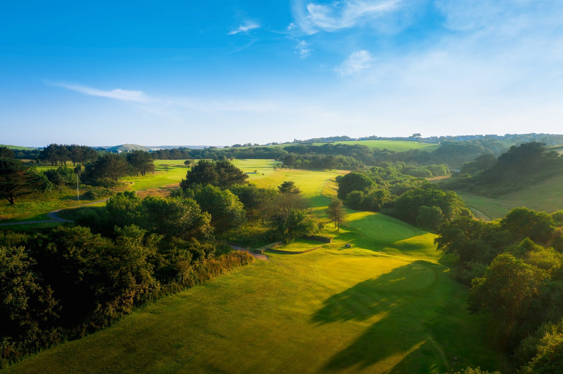Aerial view of rolling green hills and valleys with tree clusters under a bright blue sky