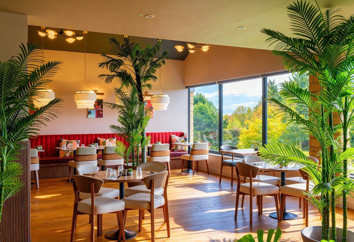 Modern restaurant dining area with tropical plants, warm lighting, wooden furniture, and large windows overlooking greenery