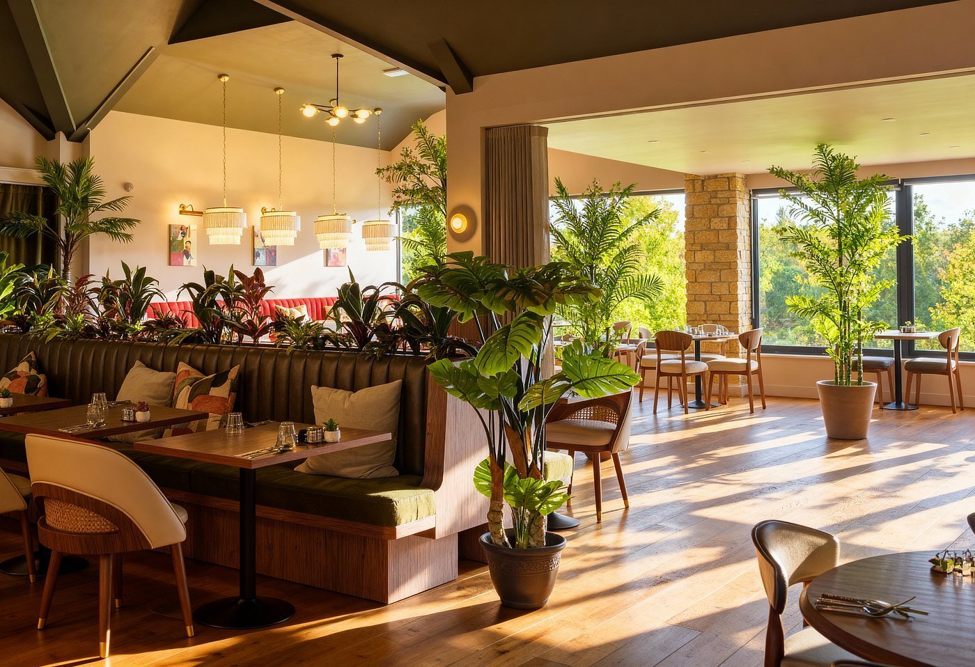 Spacious modern lobby with wooden furniture, potted plants, floor-to-ceiling windows, and warm natural lighting